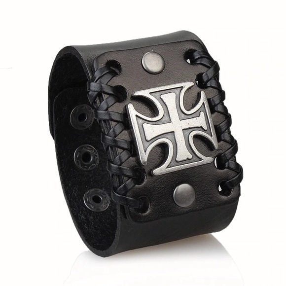Retro Punk Leather Men Women Bracelet Cross Cuff - Picture 3 of 6
